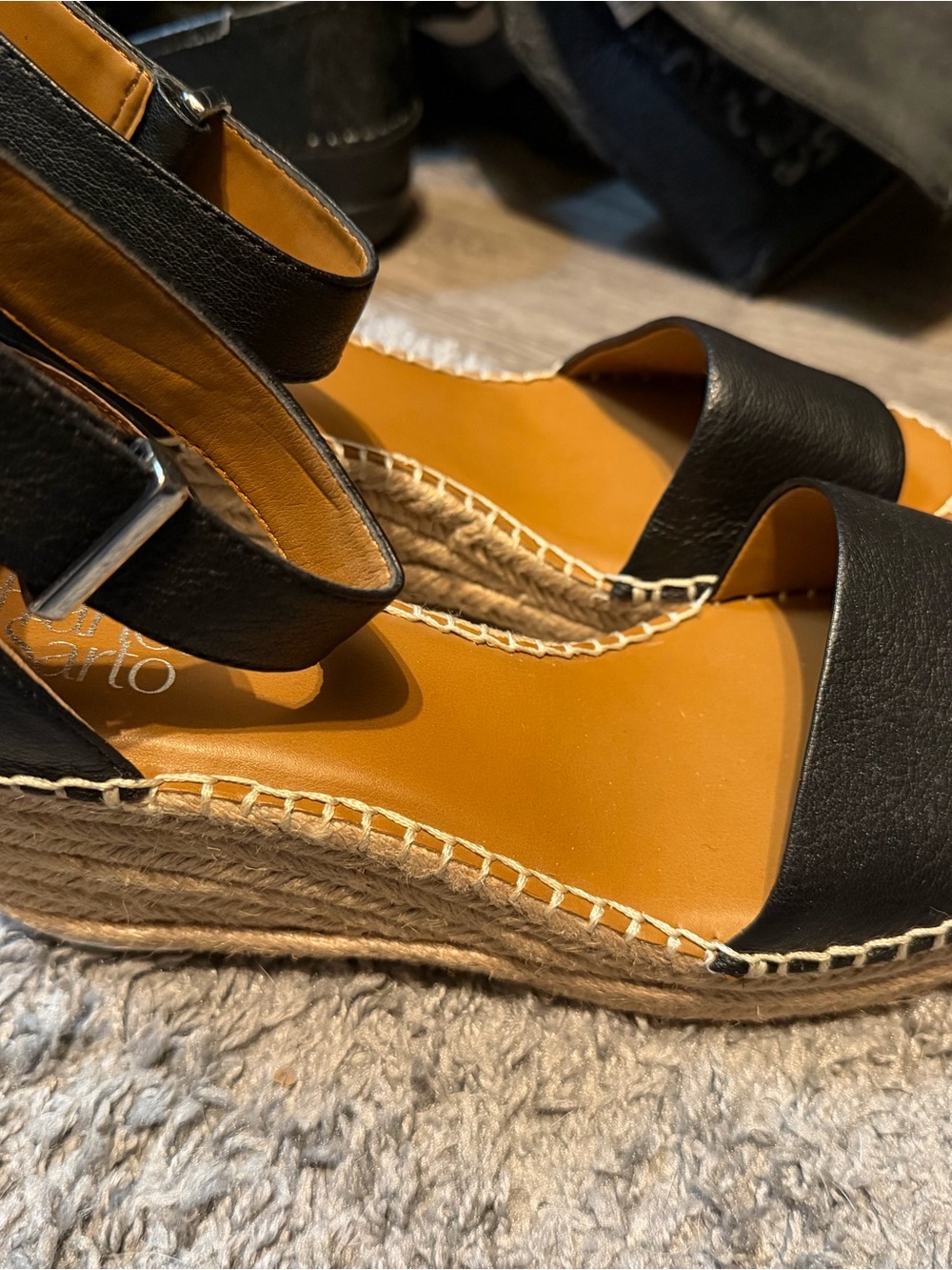 Franco Sarto Black Leather Espadrille Wedge Sandals with Tan Footbed